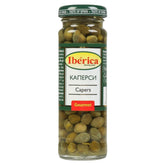A jar of Iberica Capers Gourmet - 100g with a green label featuring text in multiple languages.